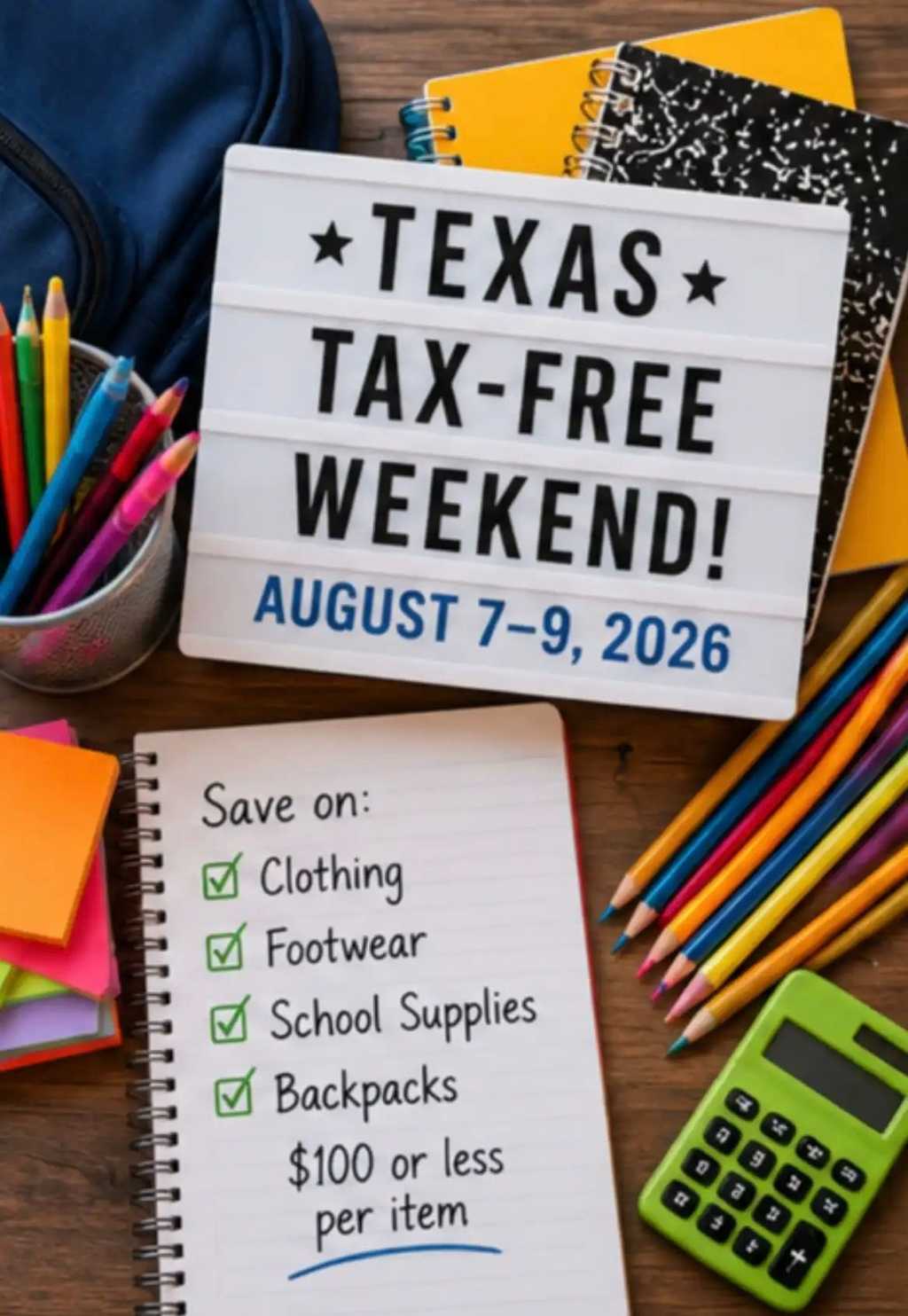 Back-to-school graphic promoting Texas Tax-Free Weekend, August 7–9, 2026, with school supplies and a list of eligible items including clothing, footwear, supplies, and backpacks.