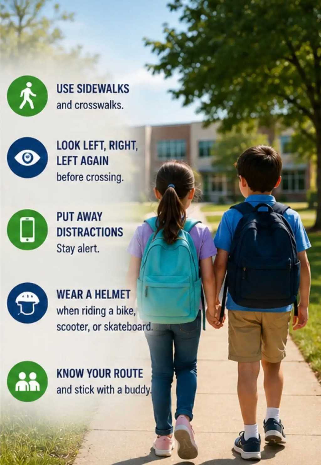 School safety poster showing two children with backpacks walking on a sidewalk beside tips to use crosswalks, stay alert, wear helmets, and walk with a buddy.